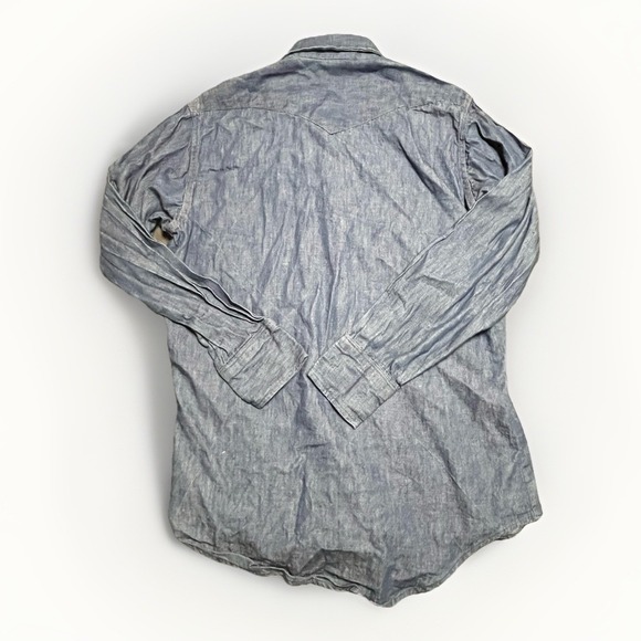 Vintage 70s Wrangler Denim Pearl Snap Western Shirt Made in USA Blue 16 x 33 - Picture 5 of 6